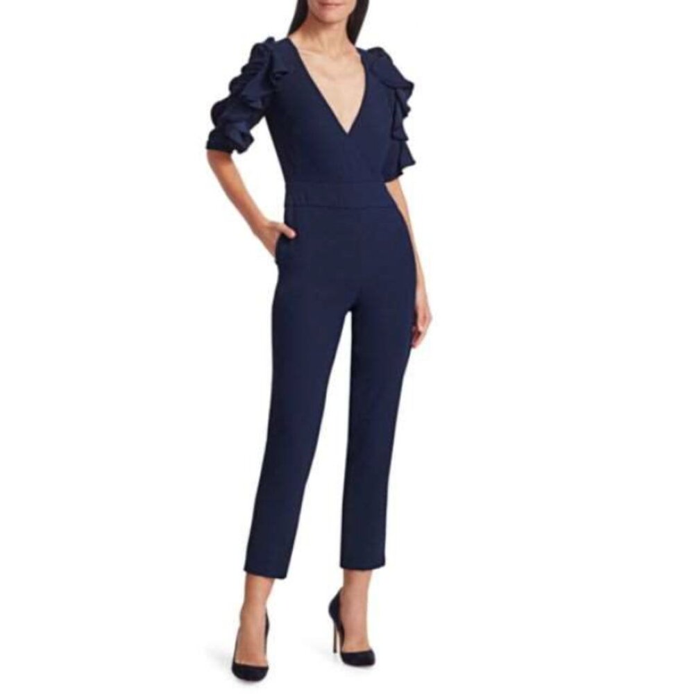 ML MONIQUE LHUILLIER Deep V-Neck Elbow Ruffle Sleeve Cropped Jumpsuit